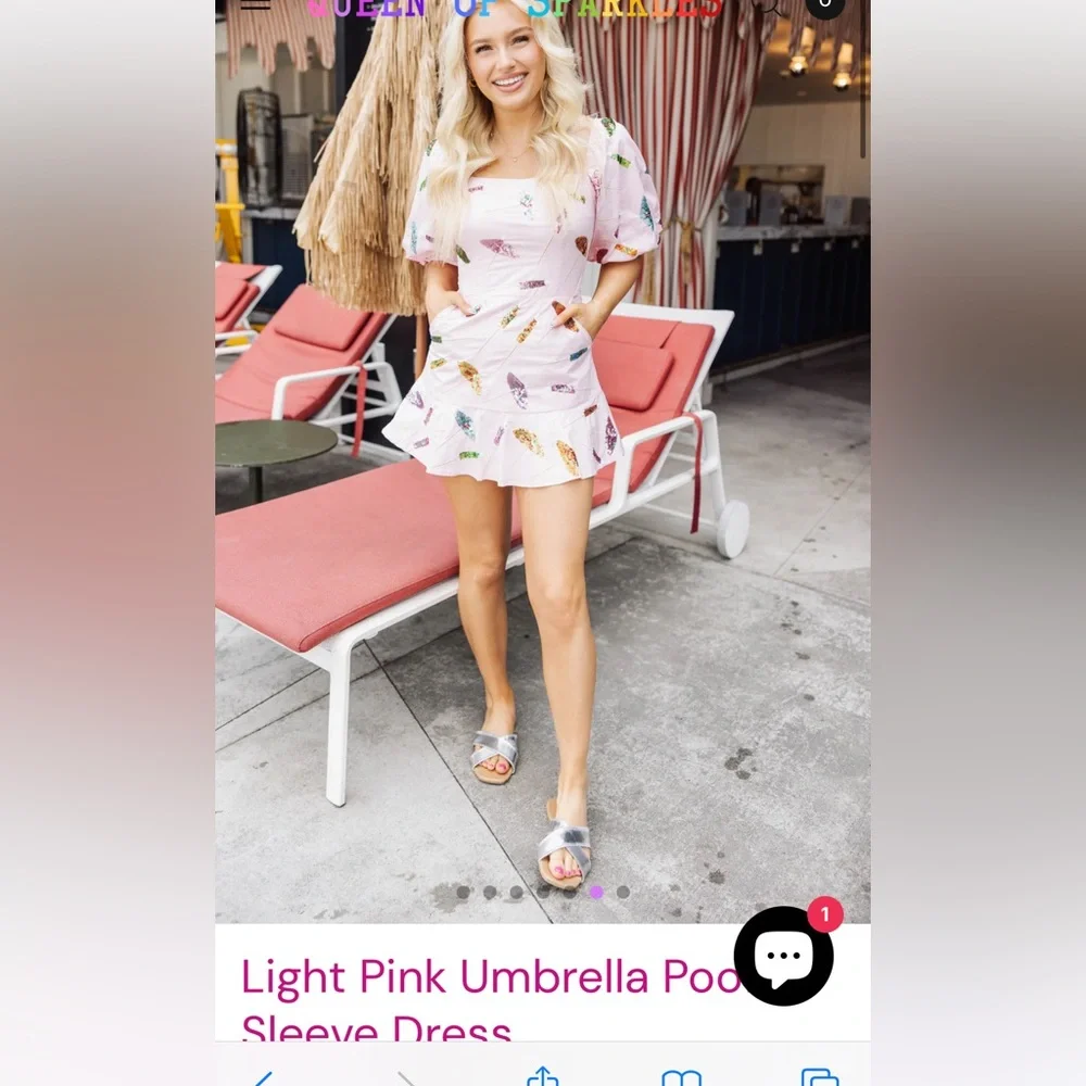 🗿NWOT Queen of Sparkles Tiki Umbrella kitsch Sleeve Dress light pink Beach QOS 🌺 - Picture 2 of 7